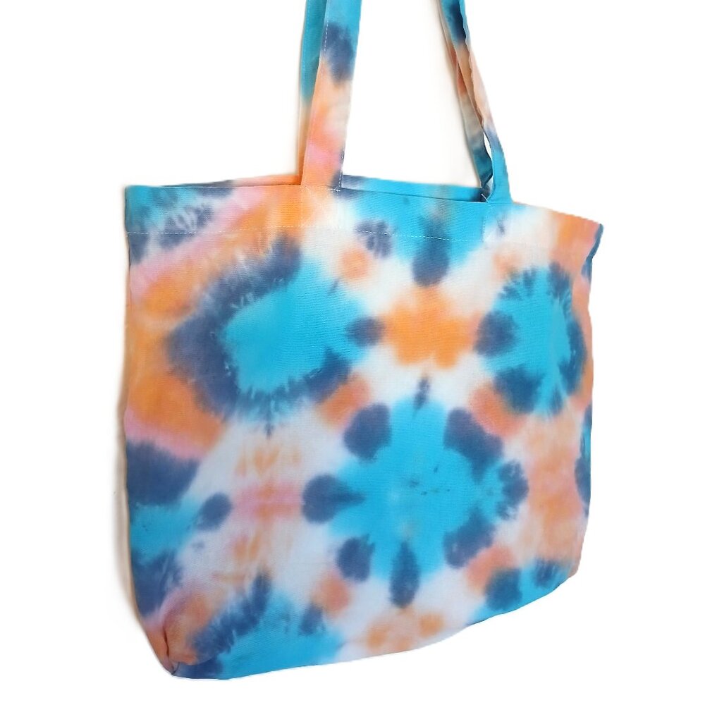 Tie Dye Cotton Reusable Grocery Tote Bag With Colorbursts in Orange Blue & Pink - Picture 3 of 16